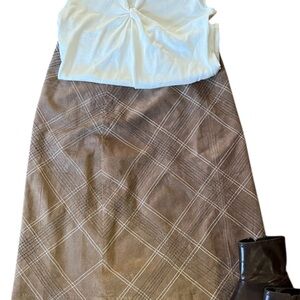Brandon Thomas leather plaid Tan Cream Midi A-line Skirt